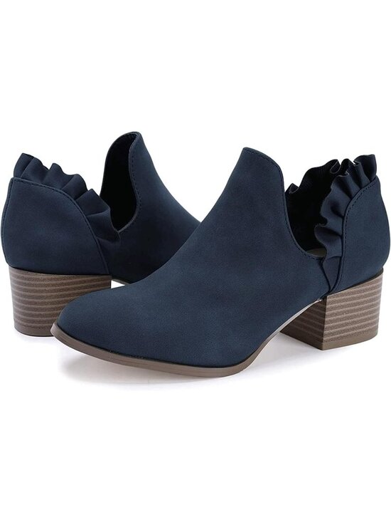 Shoes - Women's Navy Faux Leather Fall Cutout Low Stacked Ruffle Slip On Ankle Booties